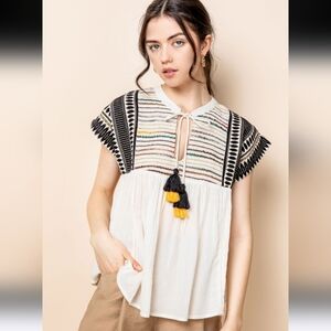 THML Bohemian Striped Tassel Top - White and Black Size Medium